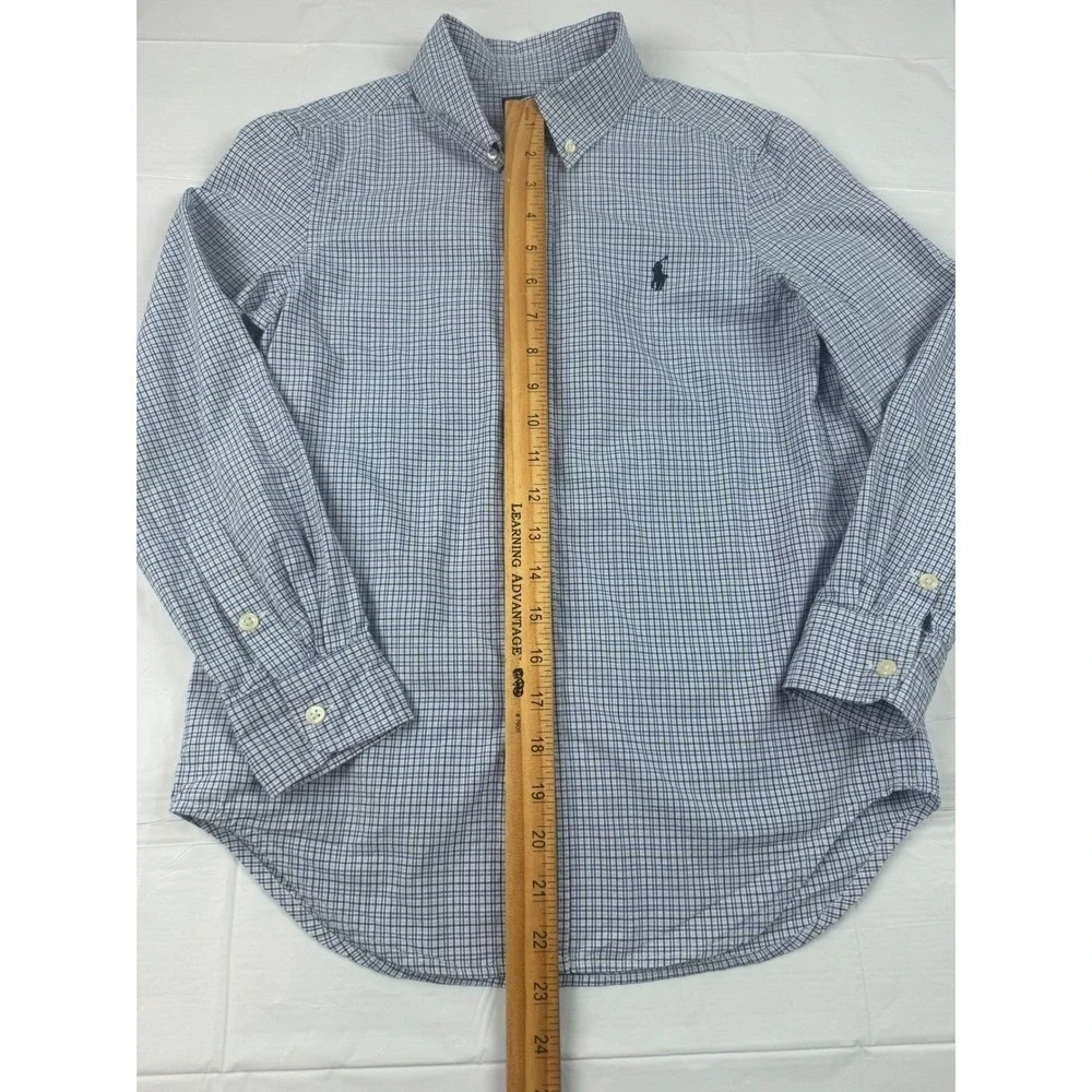 Ralph Lauren Boys Blue White Plaid Button Down Shirt Size M 10-12 Long Sleeve